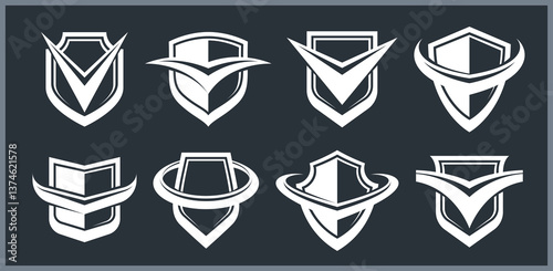 Shield logos vector set, different ammo protection symbols collection, antivirus or sport theme, insurance or guarantee.