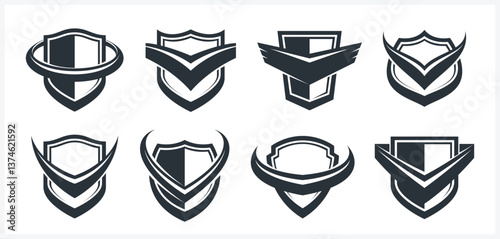 Shield logos vector set, different ammo protection symbols collection, antivirus or sport theme, insurance or guarantee.