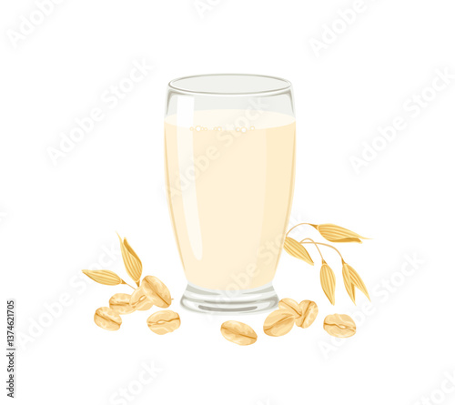 Oat milk glass isolated on white background. Vector cartoon flat illustration. Healthy drink icon.