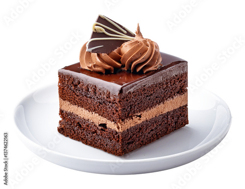 Decadent Chocolate Cake: A mouthwatering slice of chocolate cake, featuring layers of rich chocolate sponge and a luscious creamy filling, topped with artistic chocolate decorations.