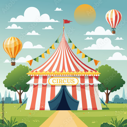 Vintage Circus Tent with Hot Air Balloons in a Magical Landscape
