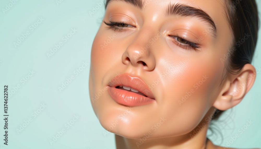 Obraz premium Beautiful woman expressing serenity against a pastel background 