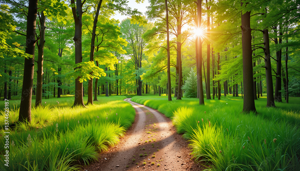 Fototapeta premium Lush forest pathway illuminated by sunlight in a serene environment 