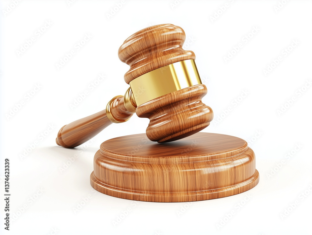 Gavel with wooden base and polished handle, realistic render, isolated on white Gavel with wooden base and polished handle, realistic render, isolated on white