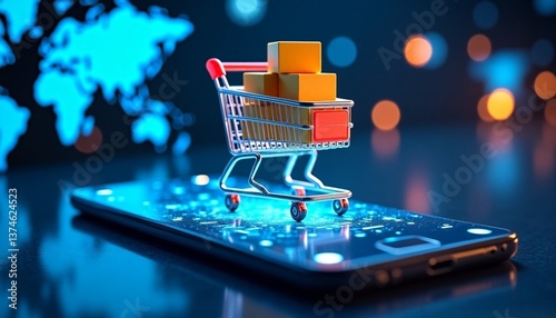 Illustration of a miniature shopping cart placed on a smartphone, filled with branded product boxes, in an abstract environment representing global connectivity. Generative AI