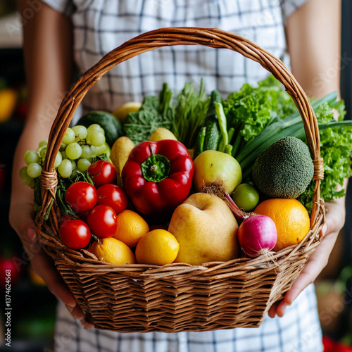 Fototapeta Naklejka Na Ścianę i Meble -  Freshly harvested fruits and vegetables in a woven basket held by a person standing in a market