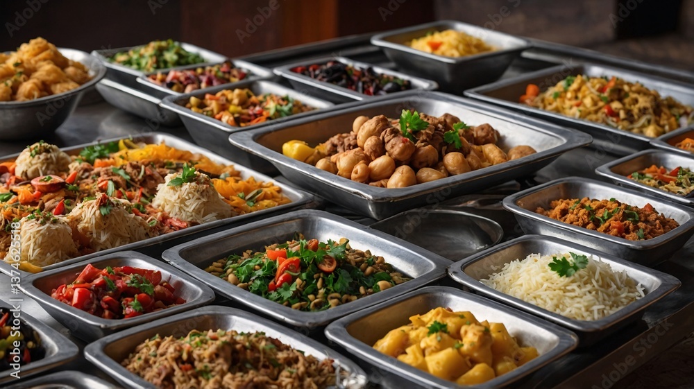 An array of vibrant dishes featuring a variety of colorful, flavorful cuisines in metal serving trays. An array of vibrant dishes featuring a variety of colorful, flavorful cuisines in metal serving trays.