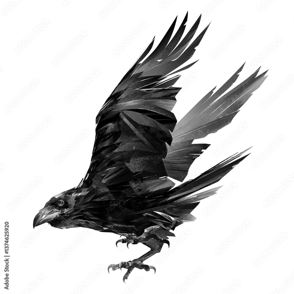 Fototapeta premium a drawing of a raven in flight on a white background