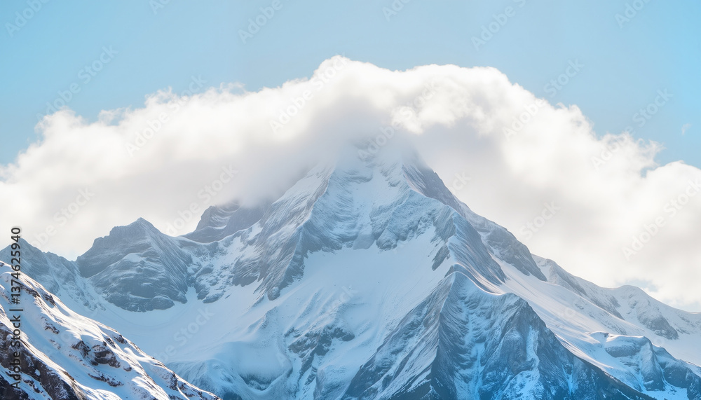 Obraz premium Majestic mountain peak shrouded in clouds against a blue sky 