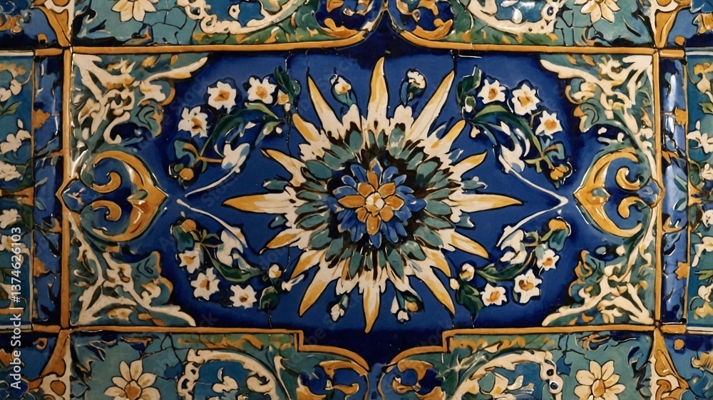 Intricate blue and gold tile design featuring floral patterns, showcasing artistic craftsmanship in traditional decor. Intricate blue and gold tile design featuring floral patterns, showcasing artistic craftsmanship in traditional decor.