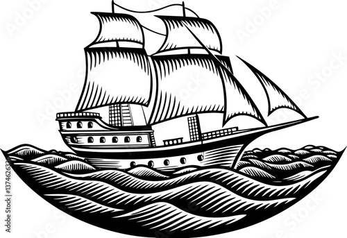 pirate ship silhouette, majestic yacht sailing ship with large sails, cruising on the ocean waves, drawn in an engraved, woodcut style sketch Linocut vector