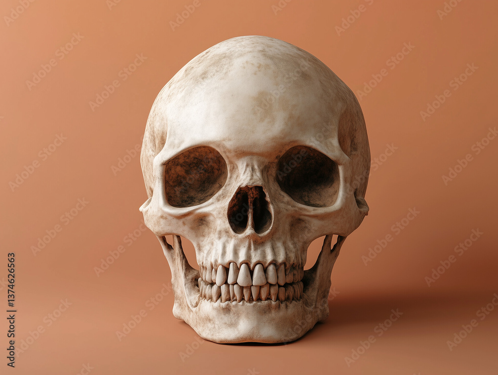 Obraz premium Halloween skull with aged bone texture and hollow eyes, isolated on solid color background, 3D render