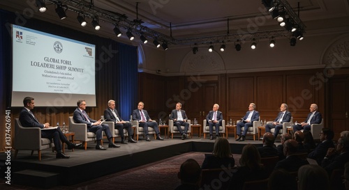 Group of men sitting on stage at the global forum leadership summit in suits and ties with audience