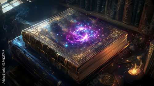 Forgotten folios and luminous symbols delve into the untold mysteries of the wizards library with ornately decorated spellbooks swirling motes of arcane energy. Arcane Talisman. Illustration photo