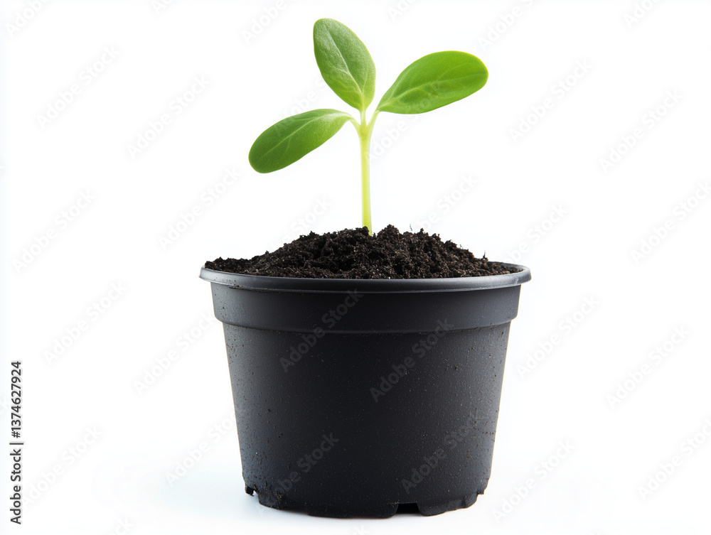 Realistic render of a potted seedling sprouting from soil on white background Realistic render of a potted seedling sprouting from soil on white background