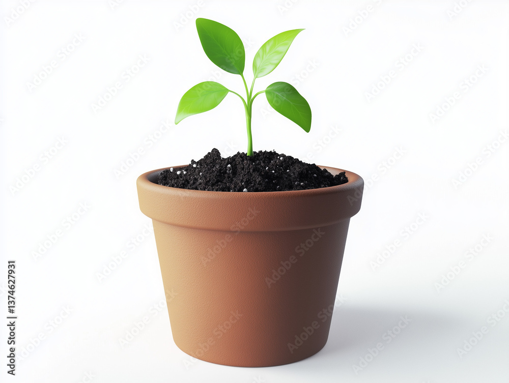 Realistic render of a potted seedling sprouting from soil on white background Realistic render of a potted seedling sprouting from soil on white background