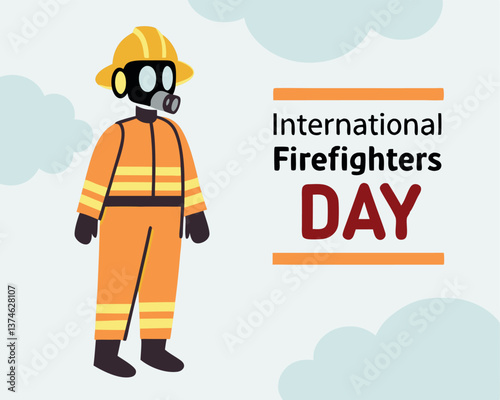 Cartoon firefighter in uniform and mask for International Firefighters Day celebration.