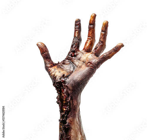 Terrifying Burned Zombie Hand with Charred Skin and Open Wounds for Horror Movie and Halloween Fearful Imagery photo