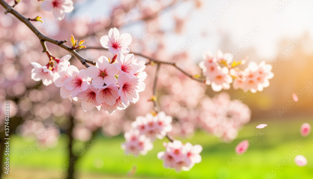 Cherry blossoms blooming in a vibrant spring landscape  