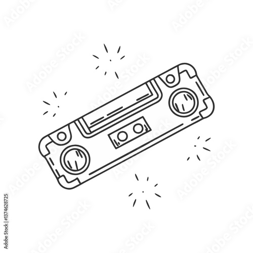 Vector illustration of a vintage audio cassette tape with spark accents in a clean, minimal linear style representing retro music and nostalgia.