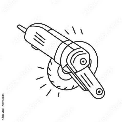 Vector illustration of an angle grinder in action with motion lines in a clean, minimal linear style representing cutting and construction tools.