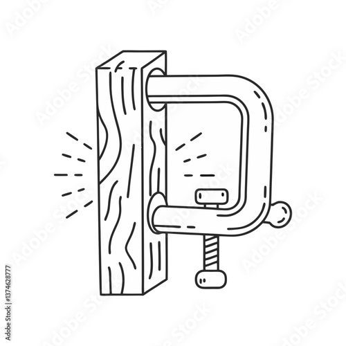 Vector illustration of a C-clamp holding a wooden block with motion lines in a clean, minimal linear style symbolizing woodworking and precision tools.