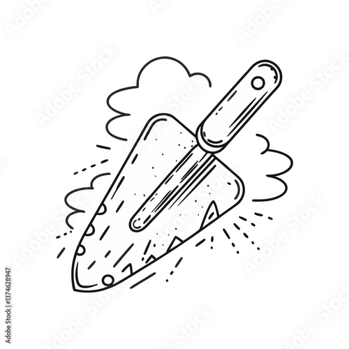 Vector illustration of a masonry trowel with dirt and motion accents in a clean, minimal linear style representing construction and building work.