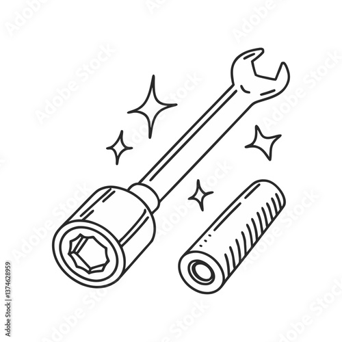 Vector illustration of a socket wrench with attachments and sparkles in a clean, minimal linear style representing mechanical tools and repair work.