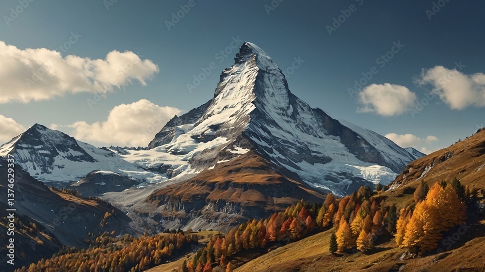 Fototapeta premium Majestic peak of the Matterhorn rises against a clear sky, surrounded by vibrant autumn foliage.