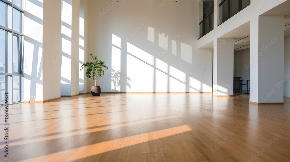 Fototapeta premium Empty Modern Loft Interior: A spacious, modern loft interior is bathed in sunlight streaming through large windows, featuring a polished wooden floor and minimalist design.