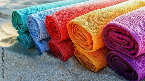 Beach Towels - Colorful beach towels spread on the sand, ideal for beach vacations, summer relaxation, and outdoor leisure designs.
