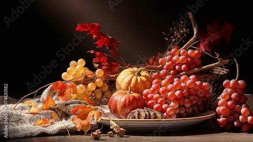  Photo-painting, still life with grapes and pumpkins on a plate, linen tablecloth beside, warm rustic autumn composition  