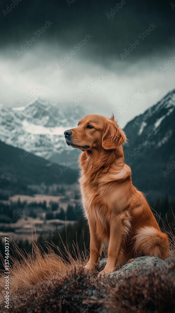 Obraz premium Golden retriever sitting on a rock enjoying mountain view