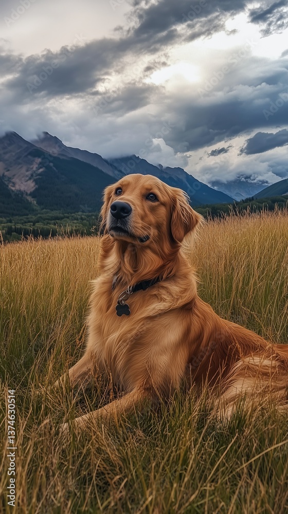 Obraz premium Golden Retriever Resting in Meadow with Mountain View under Cloudy Sky
