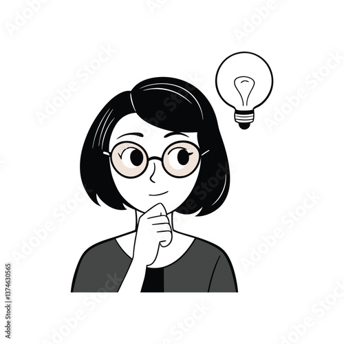 Minimalist Black & White Cartoon Illustration of a Thoughtful Woman with a Light Bulb for Creative Thinking and Eureka Moment