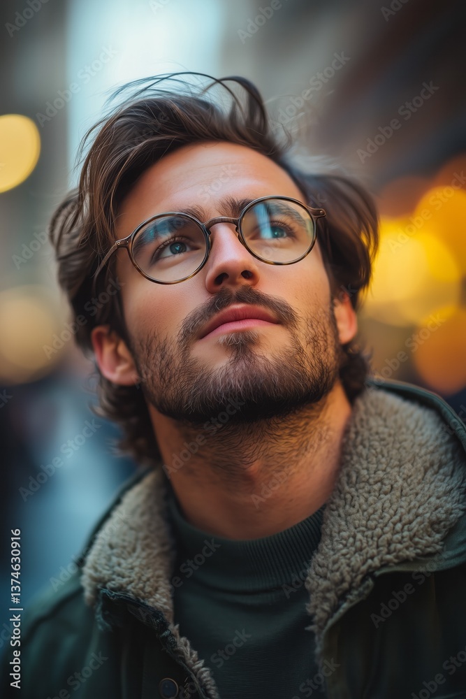 Obraz premium Pensive young man wearing eyeglasses looking up in urban street