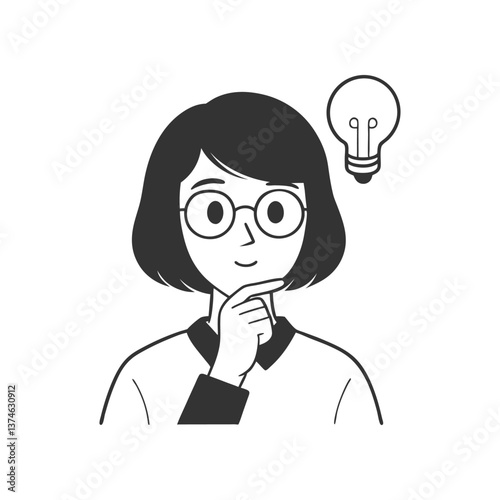Minimalist Black & White Cartoon Illustration of a Thoughtful Woman with a Light Bulb for Creative Thinking and Eureka Moment