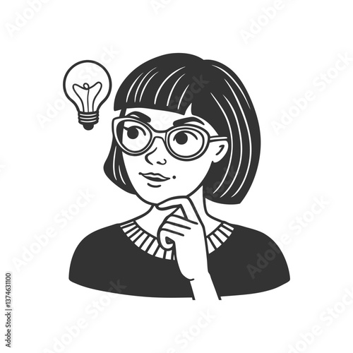 Minimalist Black & White Cartoon Illustration of a Thoughtful Woman with a Light Bulb for Creative Thinking and Eureka Moment