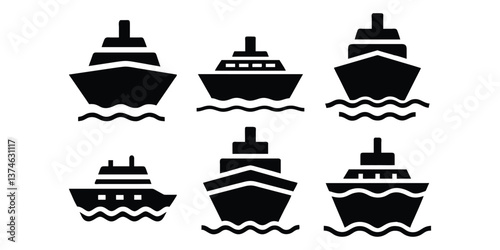 Ship icons, cruise liners, maritime silhouettes, ocean vessels, nautical symbols, black and white graphics, minimalist design, cargo ships, passenger boats