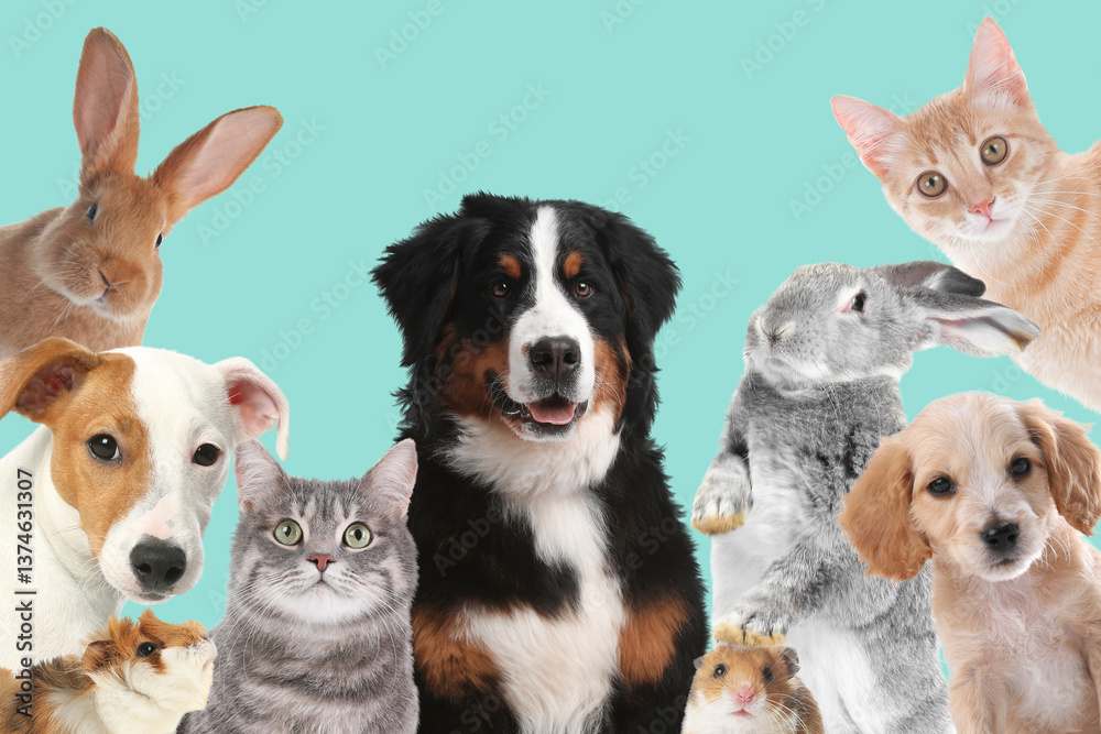 Rabbits and other animals looking at camera on turquoise background Rabbits and other animals looking at camera on turquoise background
