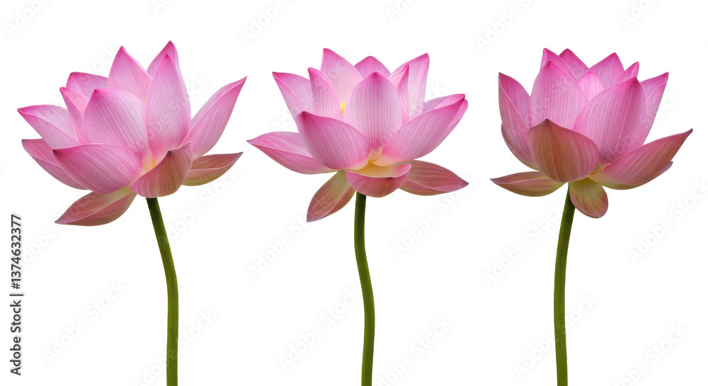 Three pink lotus flowers in full bloom with green stems on a plain black background in a studio shot Three pink lotus flowers in full bloom with green stems on a plain black background in a studio shot