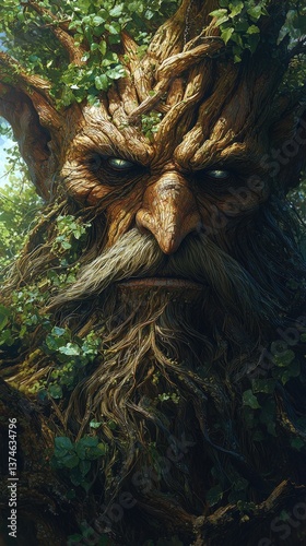 Enchanted forest guardian: majestic tree spirit with lush greenery and mystical aura
