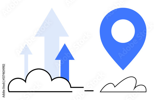 Blue location pin and ascending arrows above minimalist clouds imply growth, progress, navigation, or success. Ideal for mapping, business, strategy, planning, startups analytics flat simple