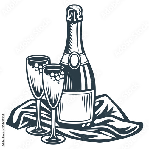 Vintage monochrome illustration featuring a champagne bottle and two filled flutes resting on a draped cloth, evoking a sense of celebration and luxury