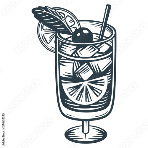 Mai Tai cocktail with slice of orange and cherry for design of bar menu. Hawaiian alcochol exotic cocktail with rum and ice for beash party