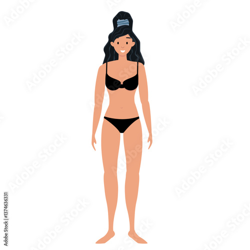 Woman in black swimwear, white background