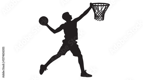 one basketball player dunking a ball black silhouette vector with white background
