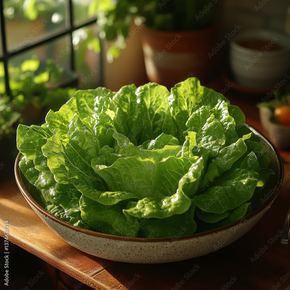 Fresh, vibrant romaine lettuce displayed in a rustic bowl, illuminated by natural light, enhancing its crisp texture and rich green color. Fresh, vibrant romaine lettuce displayed in a rustic bowl, illuminated by natural light, enhancing its crisp texture and rich green color.