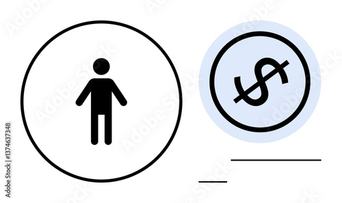 Stick figure in a circle near dollar sign with a crossed line, representing financial worth, monetary restriction, budget, individual finances. Ideal for economy, finance, personal spending