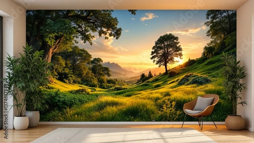 Idyllic landscape scene showing a tranquil meadow, distant mountains, and a setting sun, creating a serene and picturesque atmosphere.